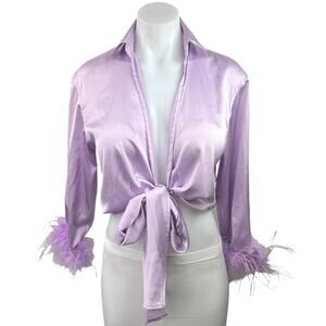 Rumours Purple Lilac Satin Fur Feather Sleeve Front Tie Crop Blouse Top Size M